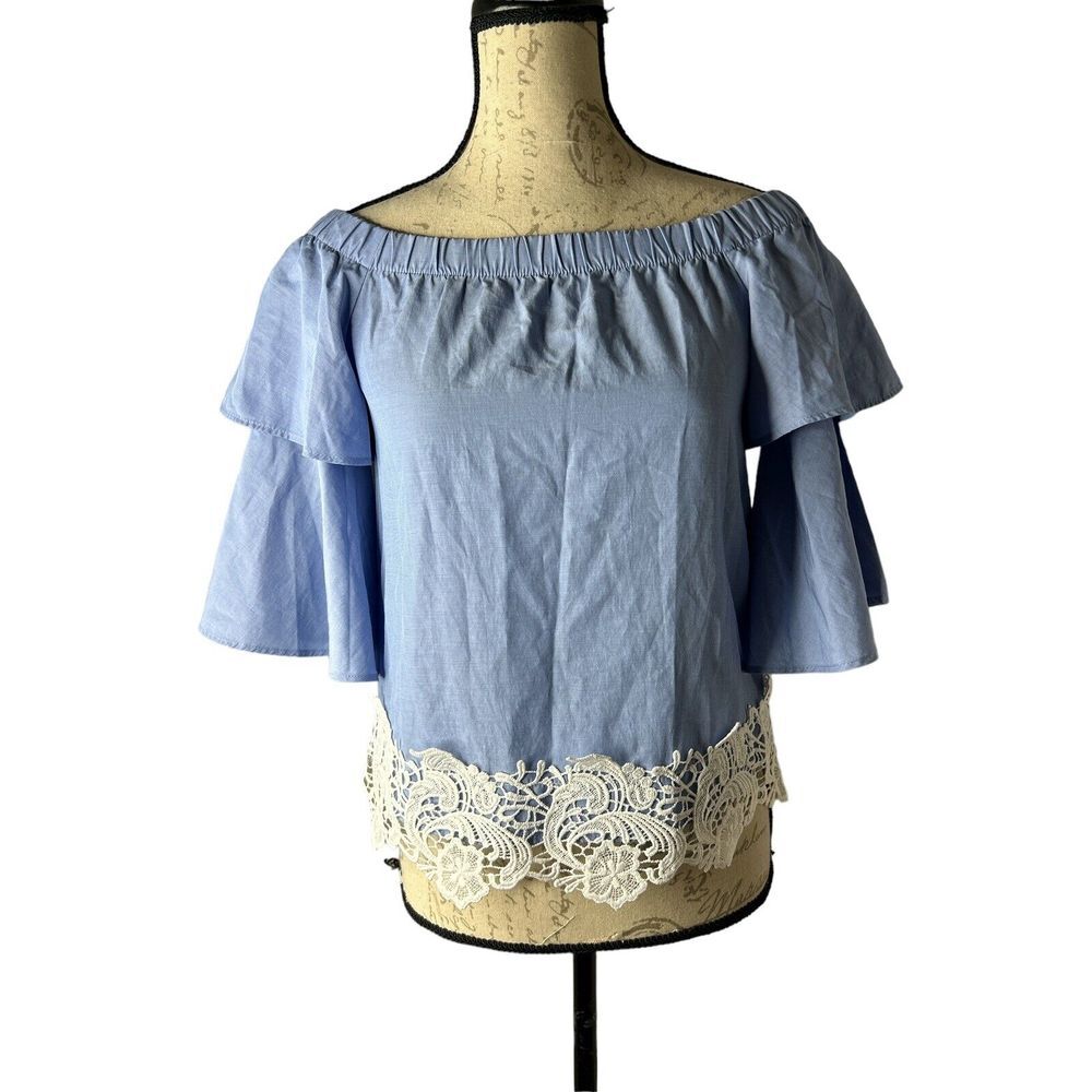 Zara Blue Poplin Tiered Bell Sleeve Crochet Lace Off Shoulder Blouse Top XS